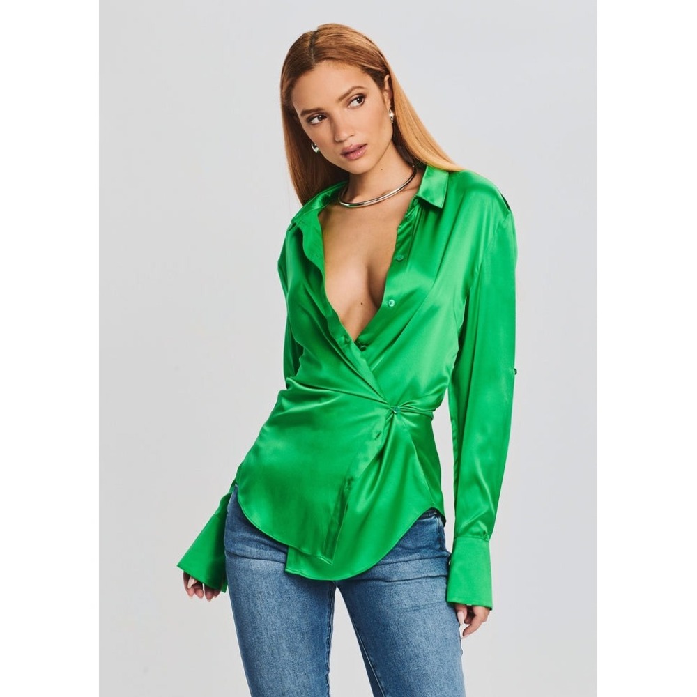 SER.O.YA Karry Kelly Green‎ 100% Silk Button Down Shirt Size Small New